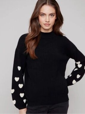 Charlies Black Cowlneck Sweater with White Heart Sleeves